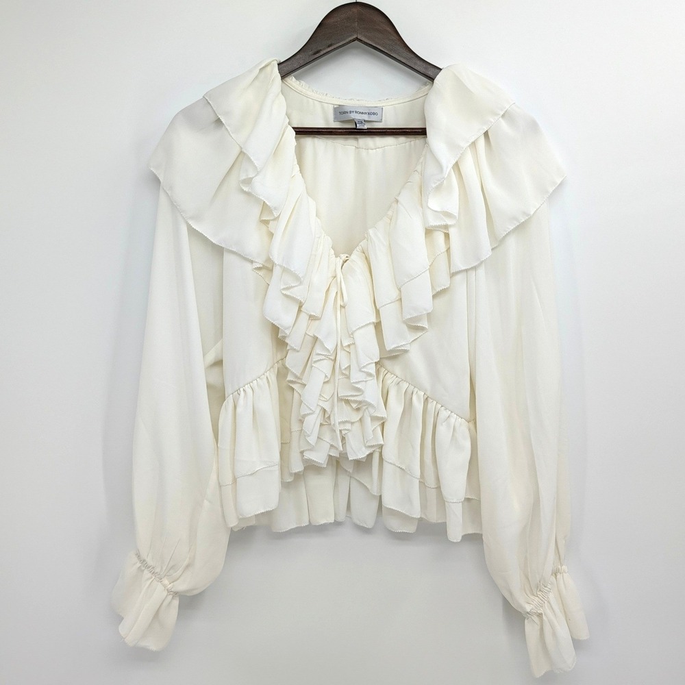 Torn by Ronny Kobo Ruffle Peplum Blouse Cream White Smocked Cuff Size XS